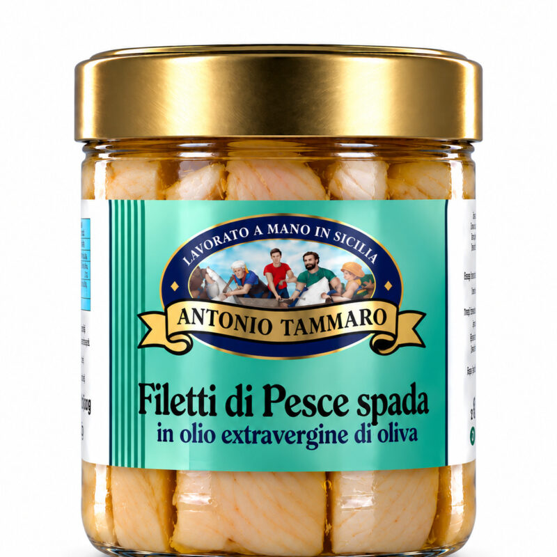 Filetti di pesce spada in olio extravergine di oliva Antica Tonnara di Favignana, vasetto di vetro con etichetta verde acqua