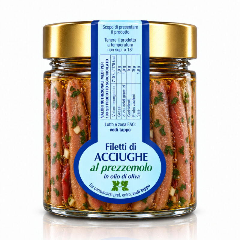 Acciughe al prezzemolo in olio di oliva Antica Tonnara di Favignana in vasetto di vetro con etichetta azzurra