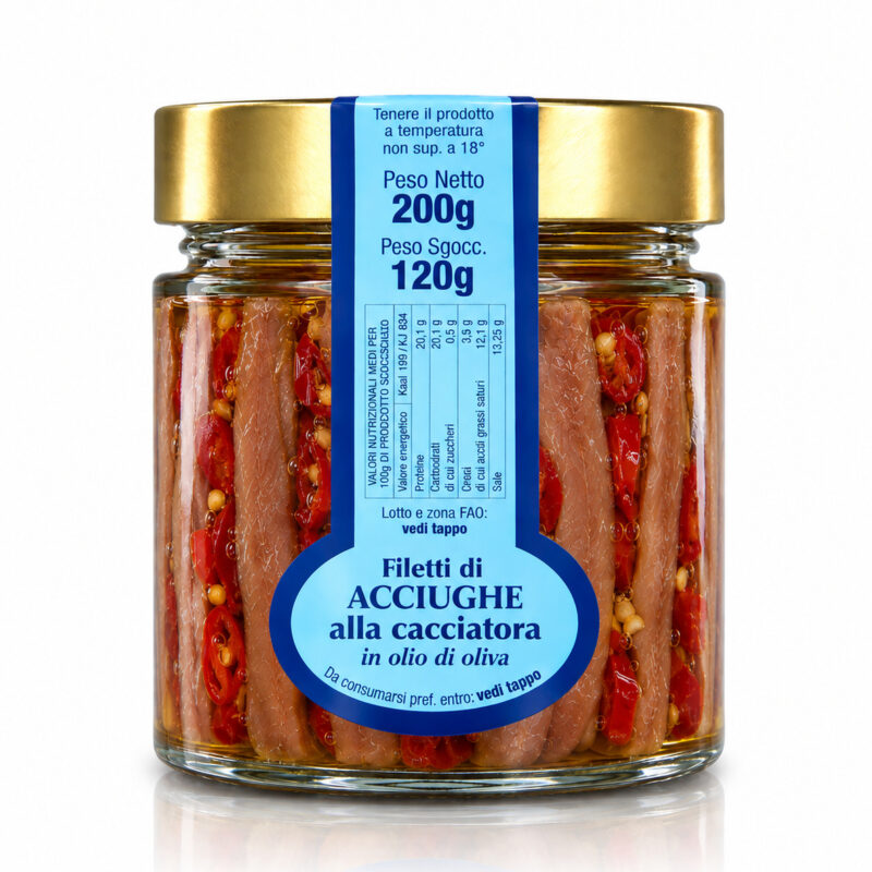 Acciughe con peperoncino in olio di oliva Antica Tonnara di Favignana in vasetto di vetro