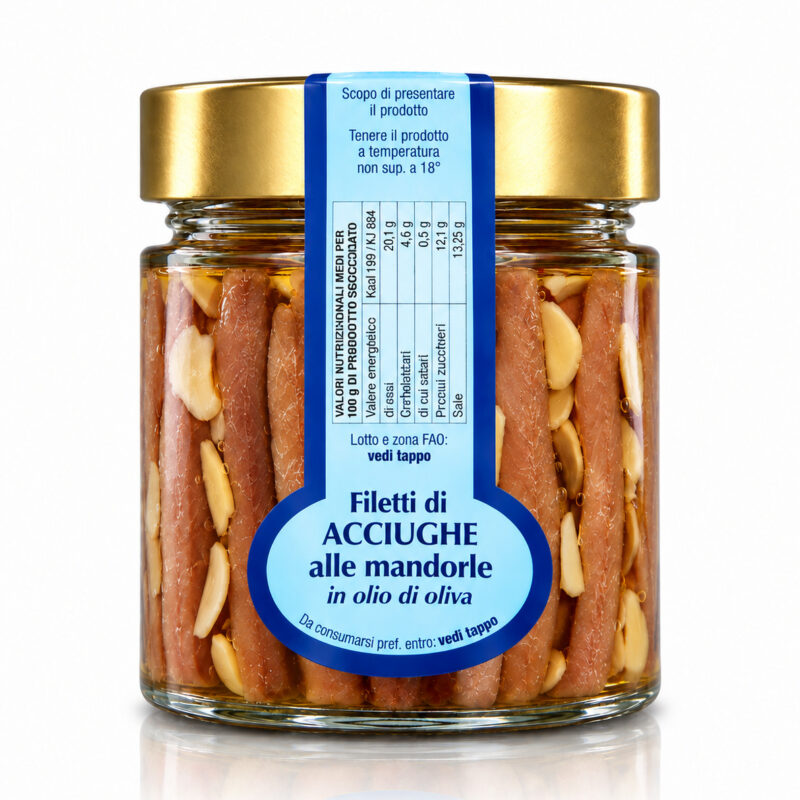 Acciughe con mandorle in olio di oliva Antica Tonnara di Favignana in vasetto di vetro da 180 g