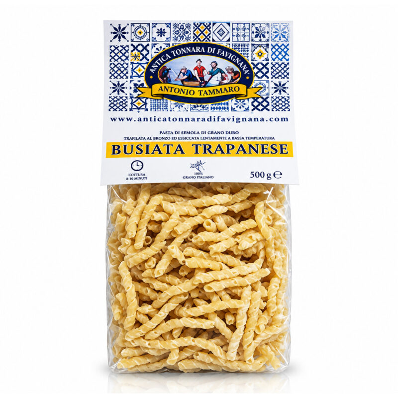 Busiate trapanesi Antica Tonnara di Favignana in confezione da 500 g vista di fronte