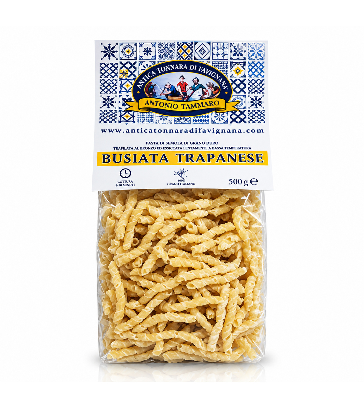 Busiate trapanesi Antica Tonnara di Favignana in confezione da 500 g vista di fronte