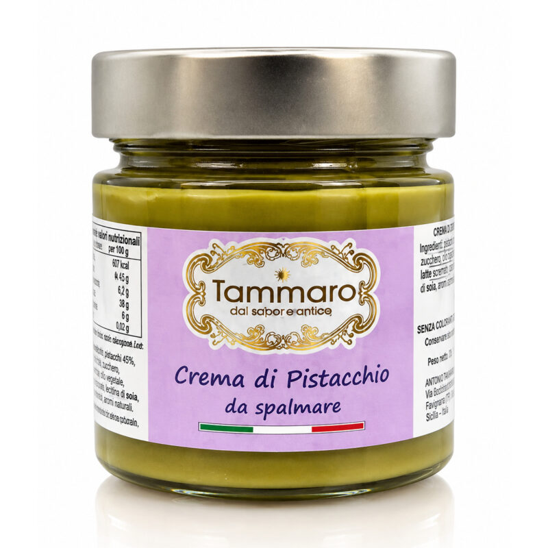 Crema di pistacchio da spalmare Tammaro in vasetto di vetro con etichetta lilla