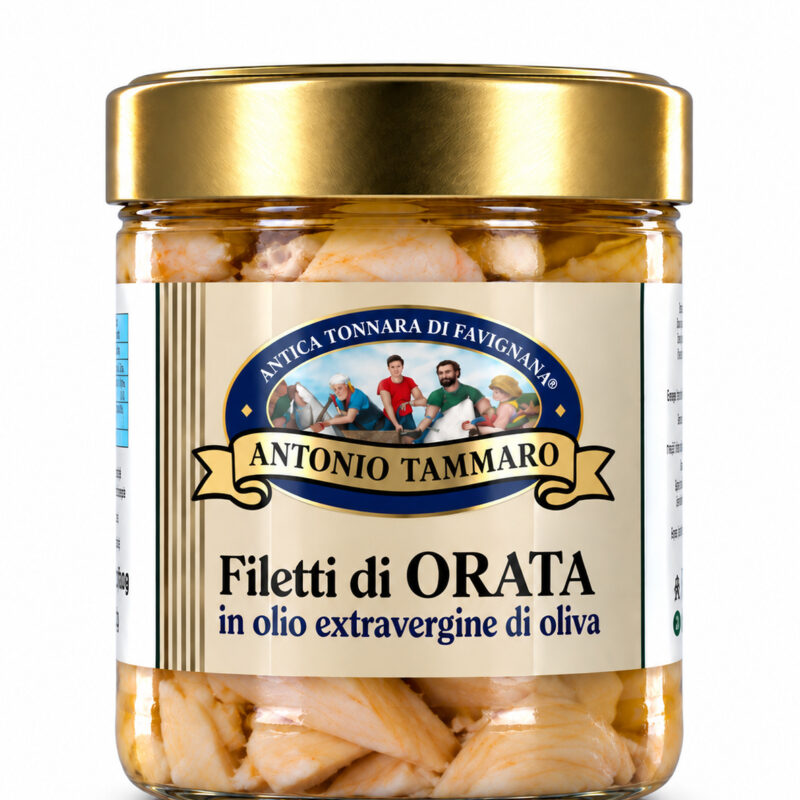 Filetti di orata in olio extravergine di oliva Antica Tonnara di Favignana, vasetto di vetro con capsula dorata