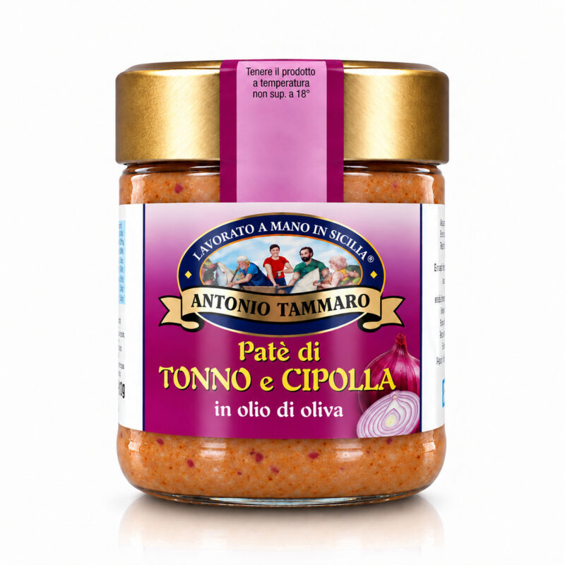 Patè di tonno e cipolla Antica Tonnara di Favignana in vasetto di vetro visto di fronte