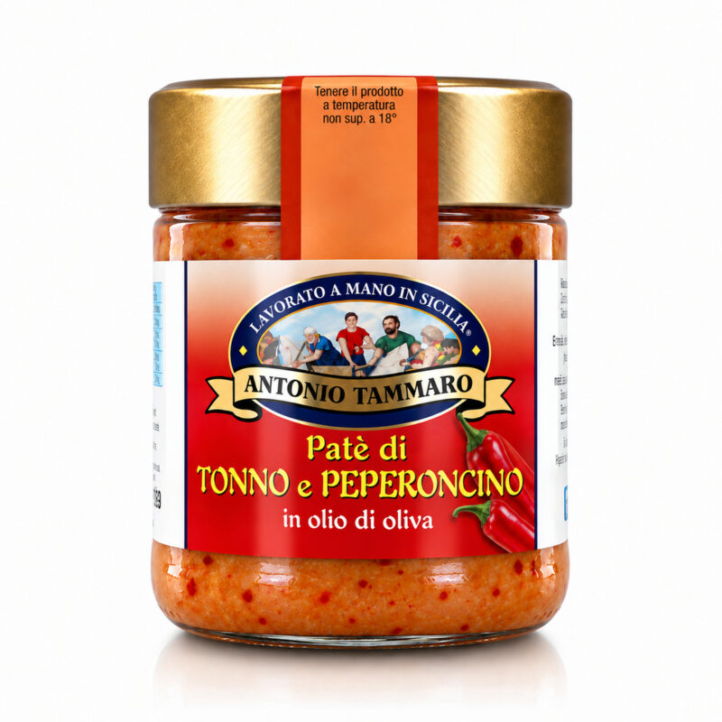 Paté di tonno e peperoncino Antica Tonnara di Favignana in vasetto di vetro visto di fronte