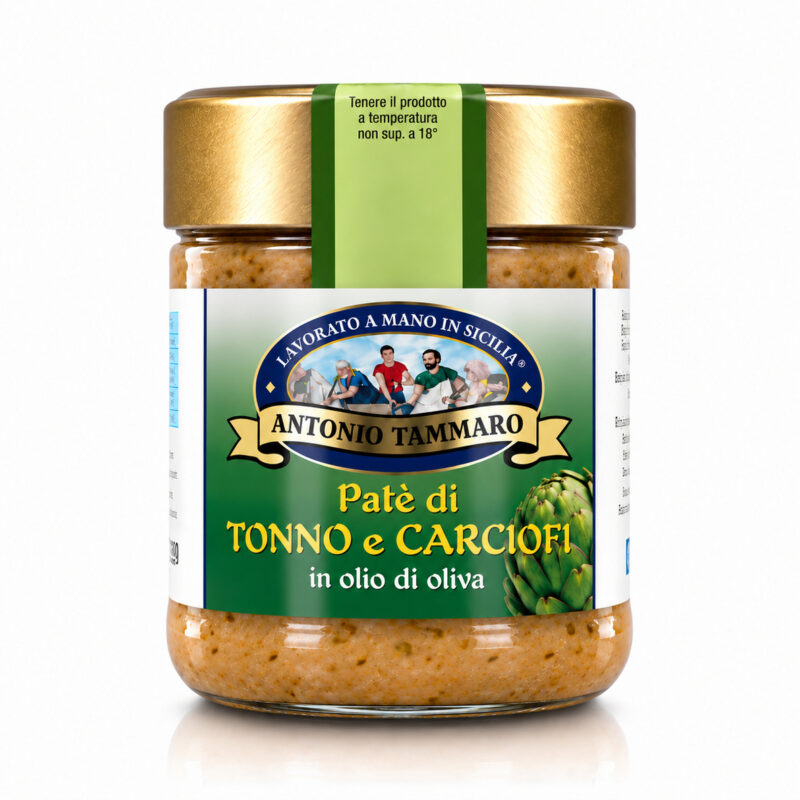 Patè di tonno e carciofi Antica Tonnara di Favignana in vasetto di vetro visto di fronte