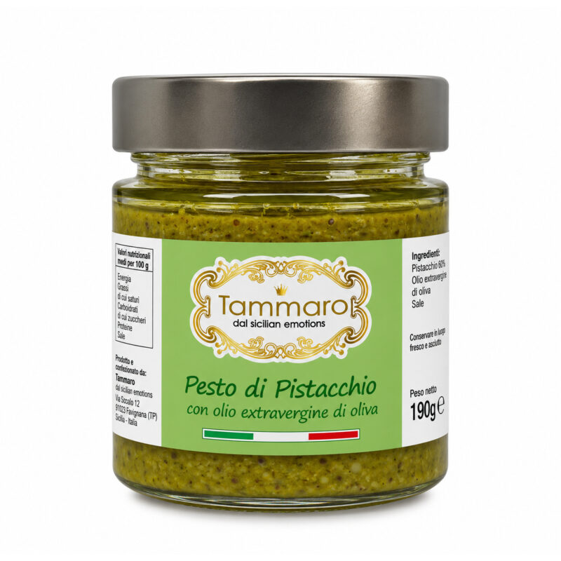 Pesto di pistacchio Tammaro con olio extravergine di oliva in vasetto di vetro