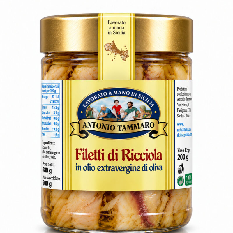 Filetti di ricciola in olio extravergine di oliva Antica Tonnara di Favignana in vasetto di vetro