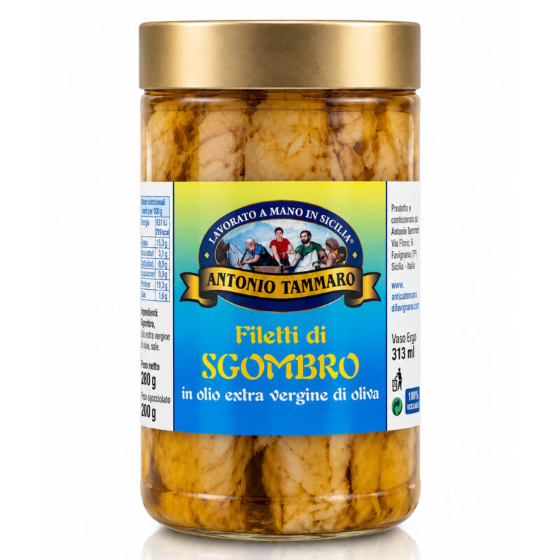 Filetti di sgombro in olio extravergine di oliva Antica Tonnara di Favignana, vasetto alto visto di fronte