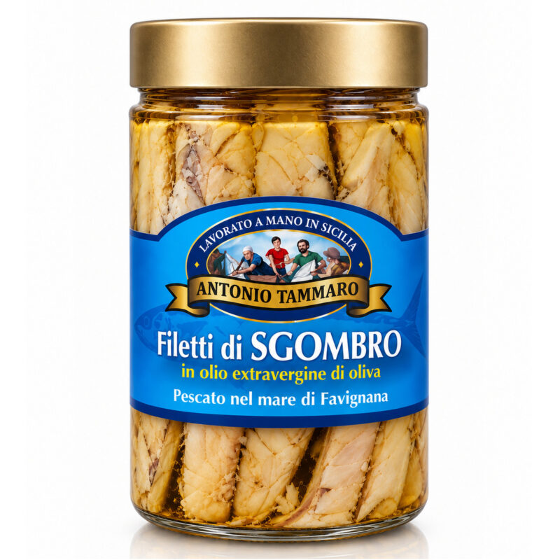 Filetti di sgombro pescato nel mare di Favignana in olio extravergine di oliva Antica Tonnara, vasetto alto di vetro con etichetta blu