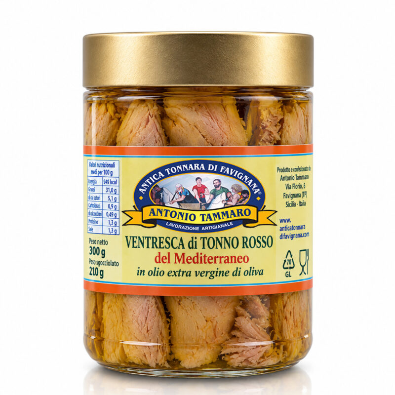 Ventresca di tonno rosso in olio extravergine Antica Tonnara di Favignana, vasetto di vetro da 300 g